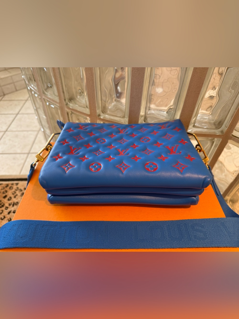 Louis Vuitton Blue & Red Quilted Monogram Coussin PM Bag with Gold Chain & Strap - Picture 6 of 14